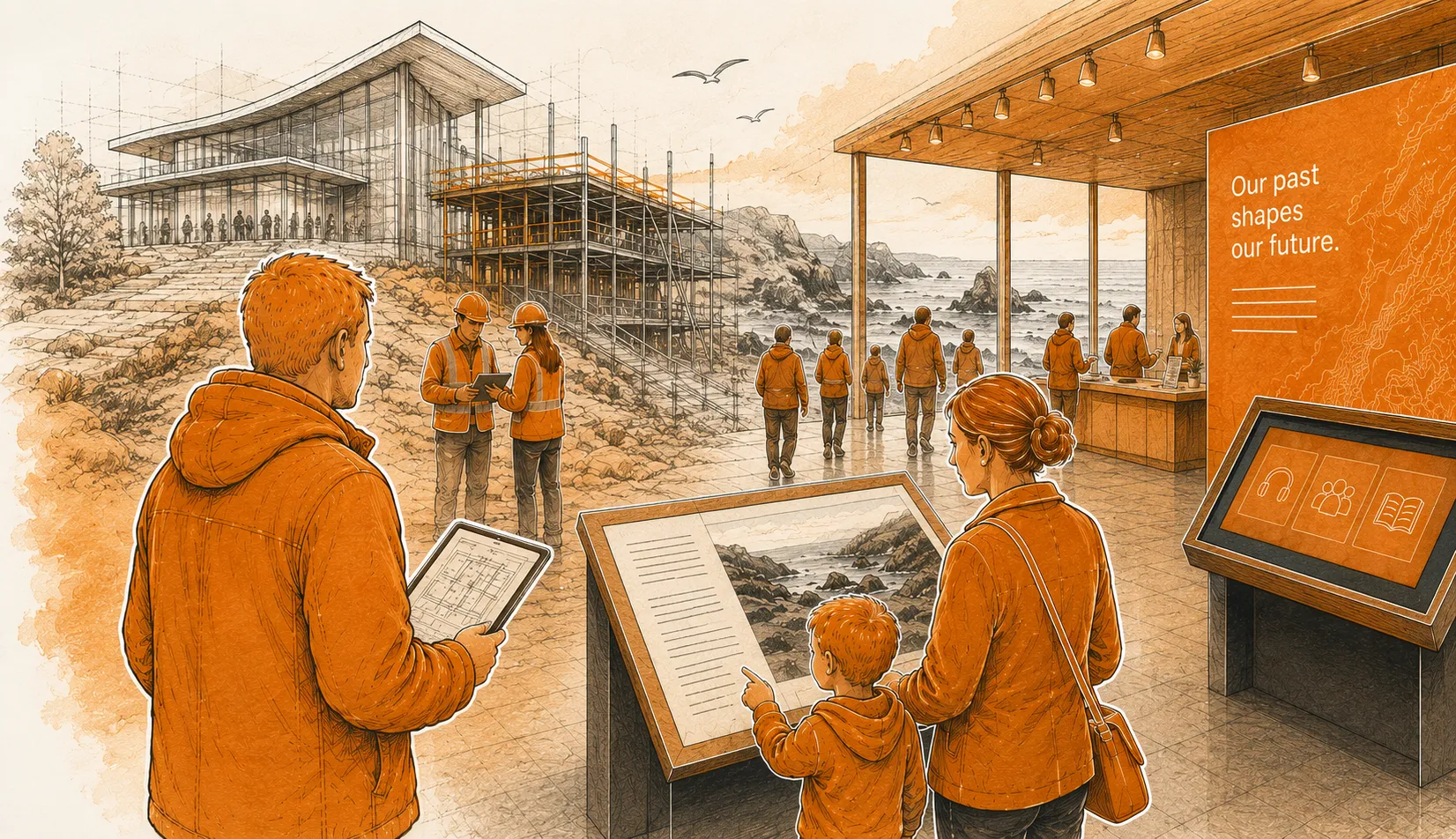 Illustration showing a visitor attraction moving from construction and planning into a finished visitor experience.