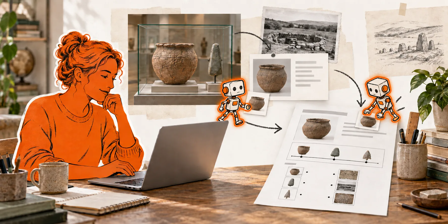 A teacher prepares a lesson while two illustrated AI agents gather museum objects and source material into a worksheet.