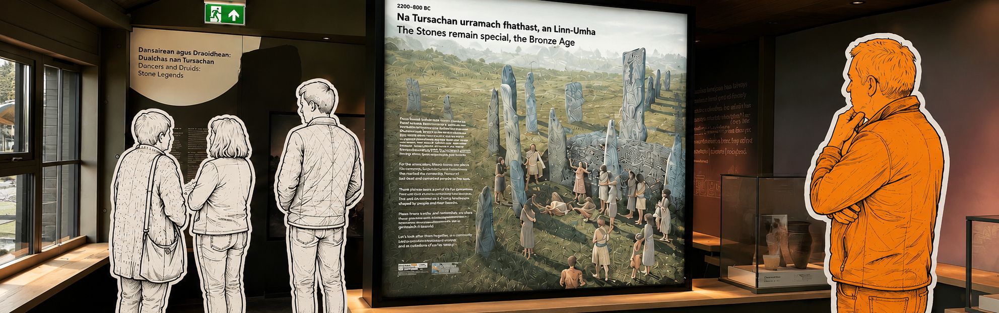 Visitors reading an interpretation display, with one participant highlighted in orange.