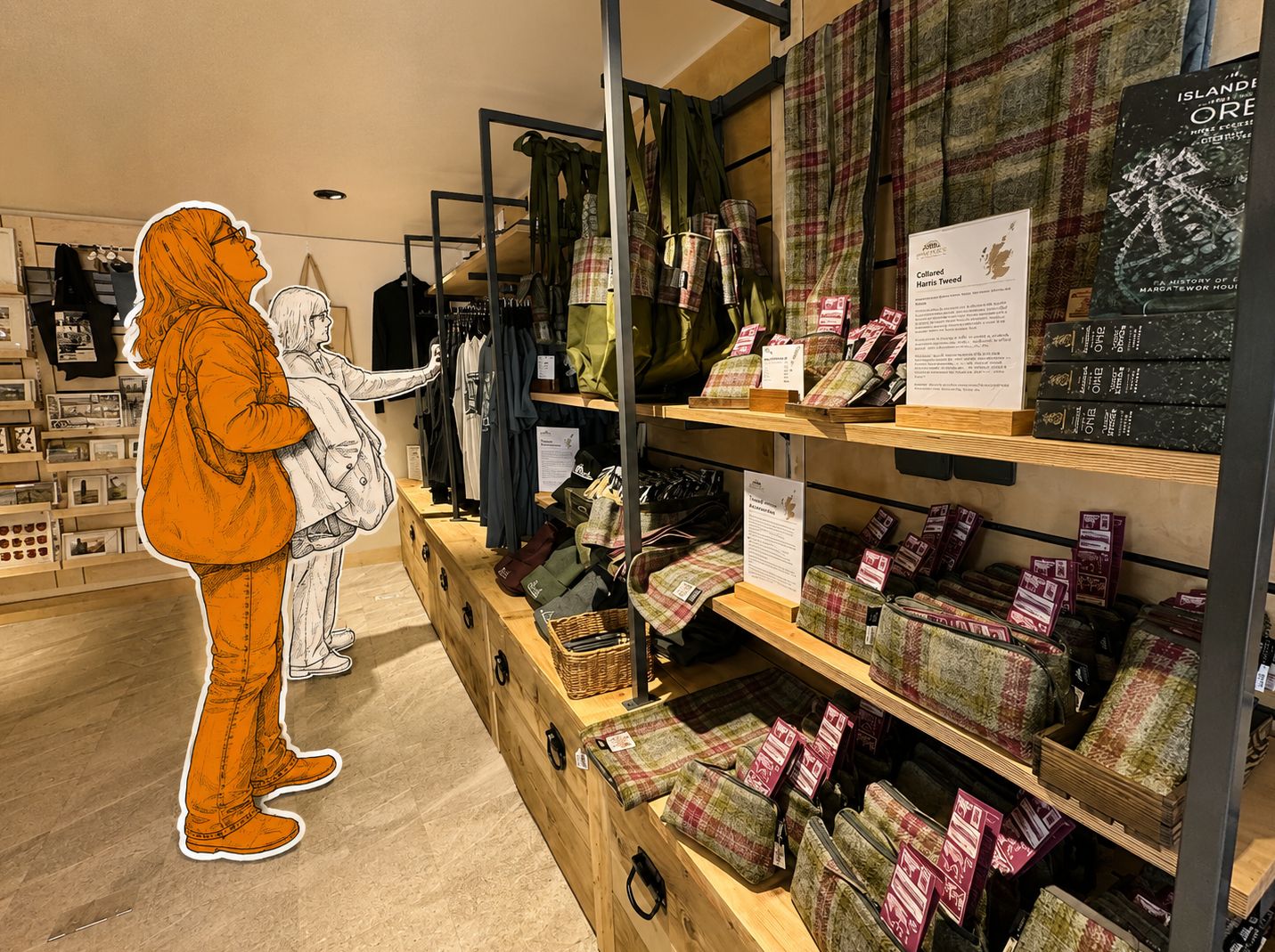 A shopper browsing a display of Harris Tweed products.