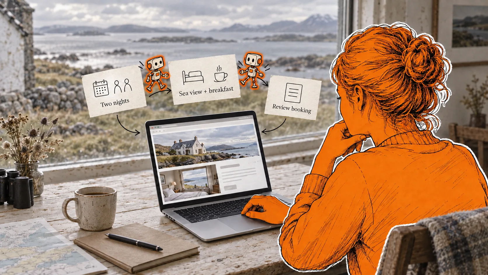 An orange illustrated customer reviews a seaside hotel booking on a laptop while two small robots link cards for two nights, sea view and breakfast, and booking review.