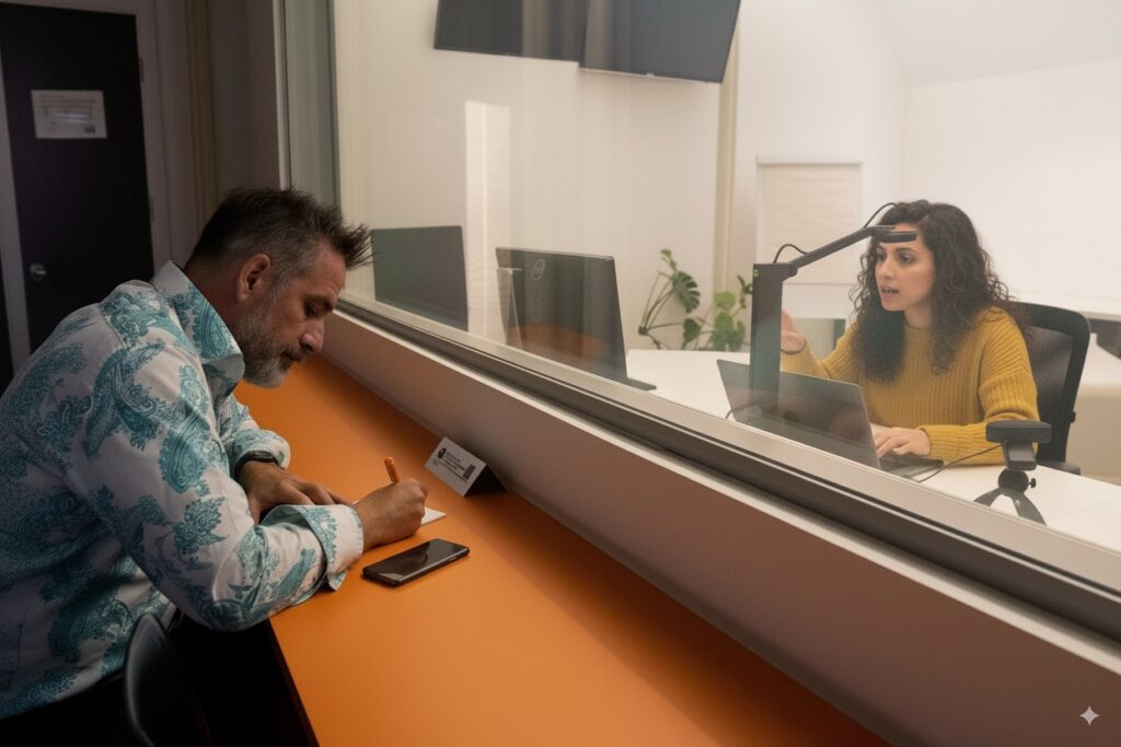 Researcher taking notes behind privacy mirror. Participant talking aloud.